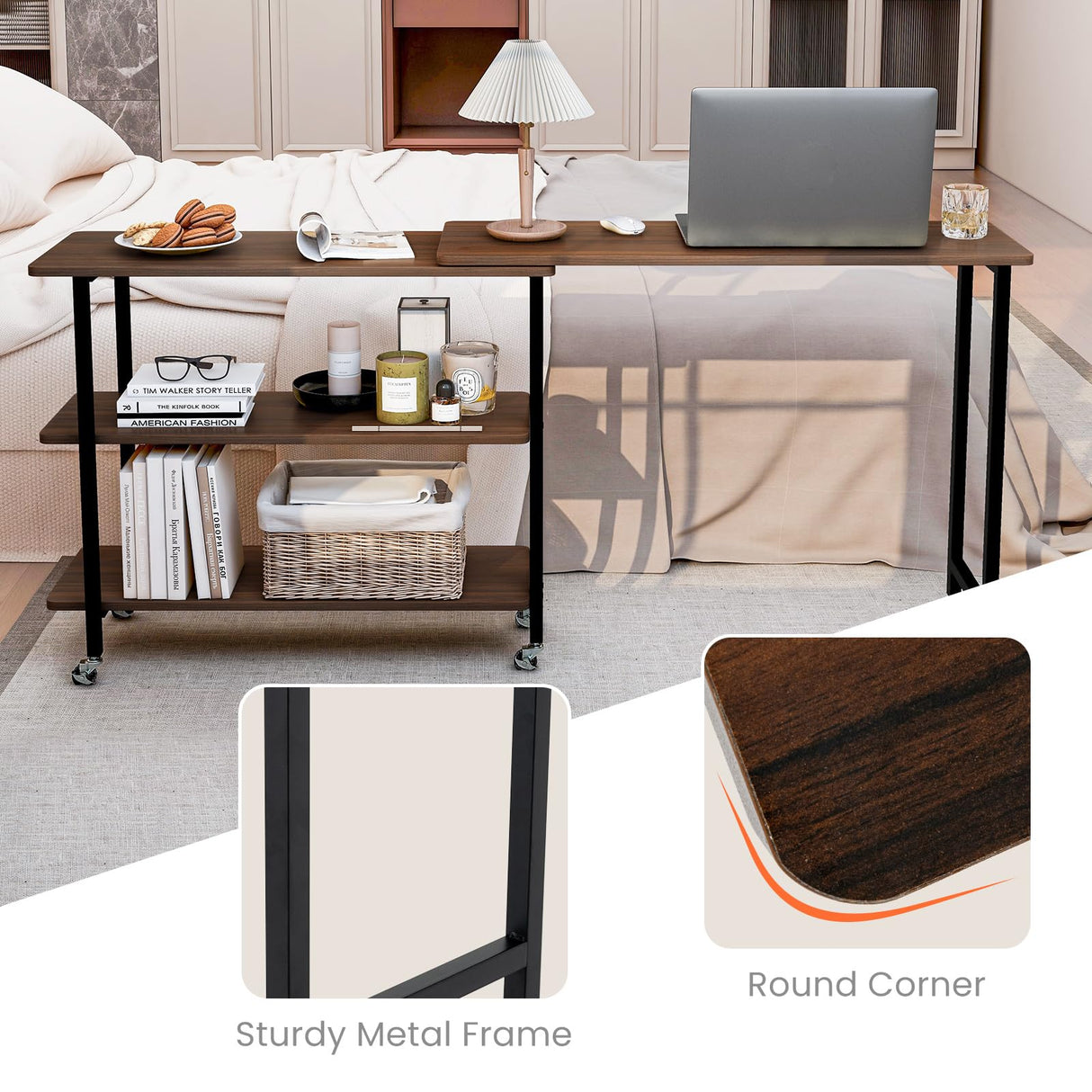 Giantex 360° Free Rotating Sofa Side Table, Mobile L-Shaped Laptop Desk with Sturdy Metal Frame, 6 Universal Casters, Movable Couch Snack Table with 2-Tier Storage Shelf for Home (Walnut) Giantex