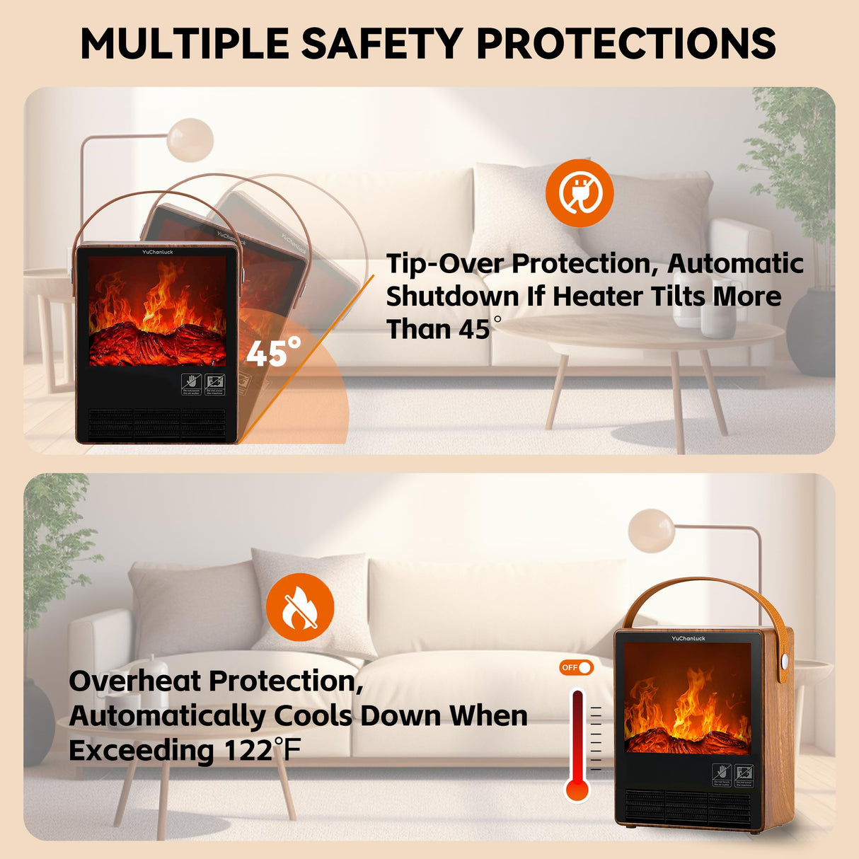Portable Electric Fireplace Heater for Indoor Use,Fake Fireplace Space Heaters 1500W High Power,Small Fireplace with Realistic 3D Flame Effect,Mini Heater with Overheat and Tilt Protection YUCHANLUCK