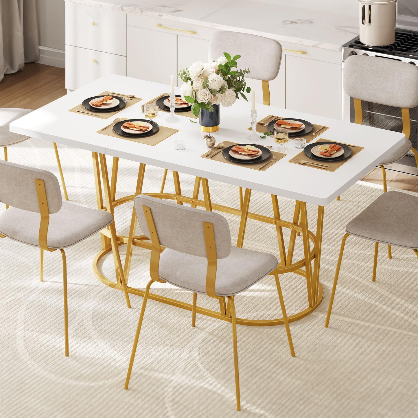 DWVO Modern Dining Table for 6-8 People, 70.3'' Large Kitchen Table with Faux Marble Tabletop and Gold Geometric Legs, Wooden Dinner Table for Dining Room Family Gathering, White & Gold - WoodArtSupply