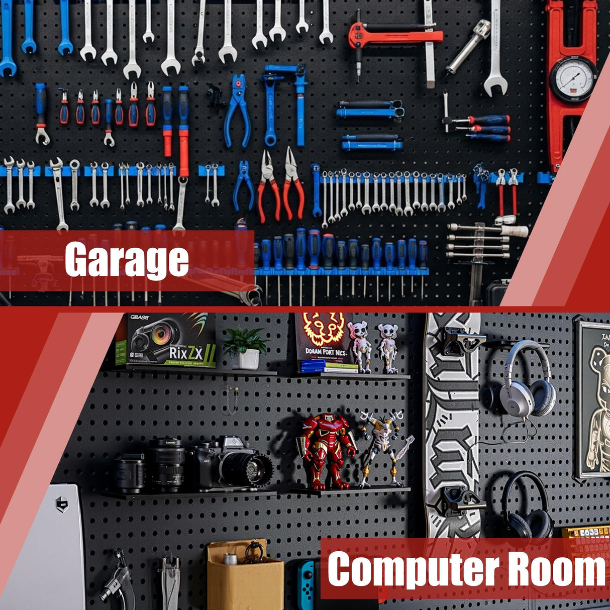 7S garage 4 Pack Metal Pegboard Panels with 50 Hooks, Black Pegboard Wall Organizer, Pegboard Accessories, Heavy Duty Garage Tool Storage System for Workbench, Workshop, Office, Craft Room 7S garage