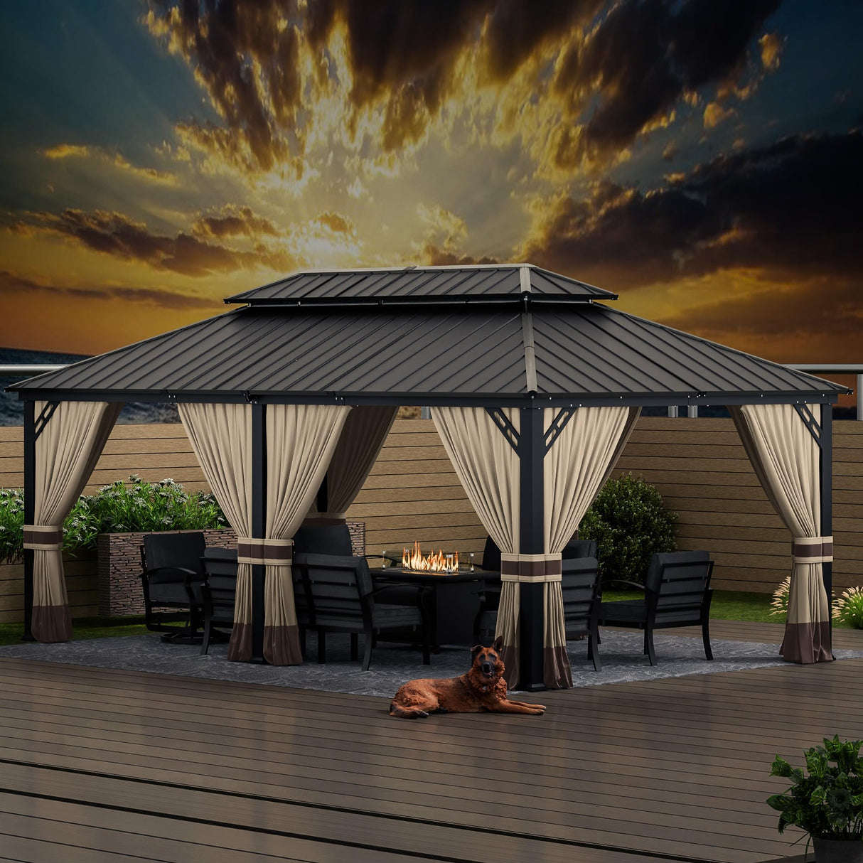 ASJMR 12x20ft Hardtop Gazebo Double Roof, outdoor pavilion with 2-layer hard top galvanized iron frame garden tent, suitable for courtyards, backyards, decks, and grass ASJMR