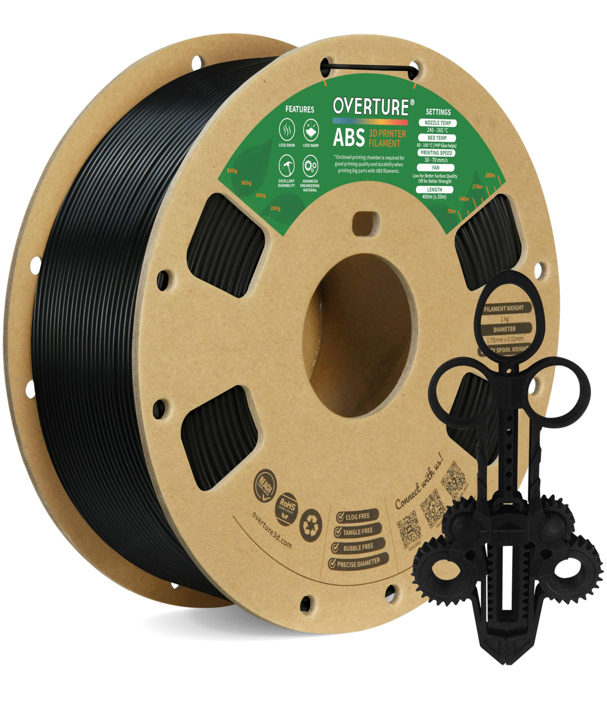 OVERTURE ABS Filament 1.75mm, ABS 1kg Spool (2.2lbs),3D Printer Filament,Dimensional Accuracy +/- 0.02 mm, Fit Most FDM Printer (Black 1-Pack) OVERTURE