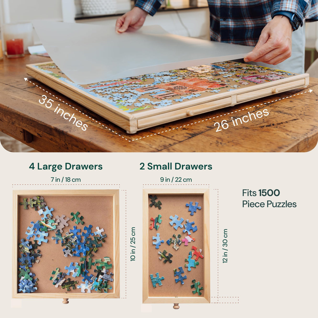 Gondola 1500 Pieces Puzzle Board with Mug Holders, 6 Drawers and Cover, Sturdy Jigsaw Puzzle Table Tray, 26"x35" Portable Wooden Jigsaw Puzzles Accessories, Jig Saw Home Holder Organizer Boards Gondola