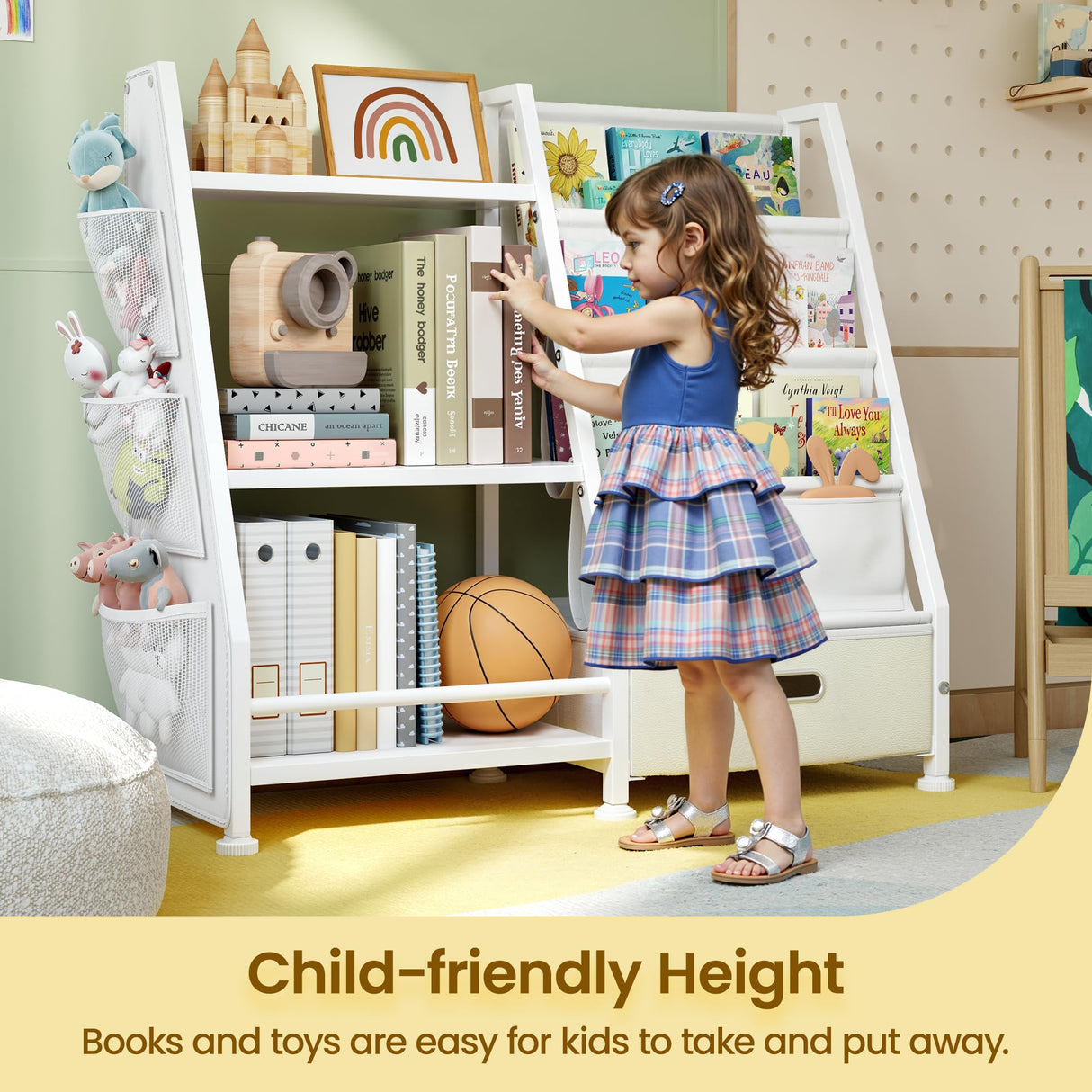 Kids Bookshelf and Toy Storage Organizer: White Book Shelf for Kids Room with Drawer to Storage Books and Toys Organizer - 3 Tire Toddler Bookshelf with 3 Side Pockets for Nursery, Bedroom, Playroom GoTiling