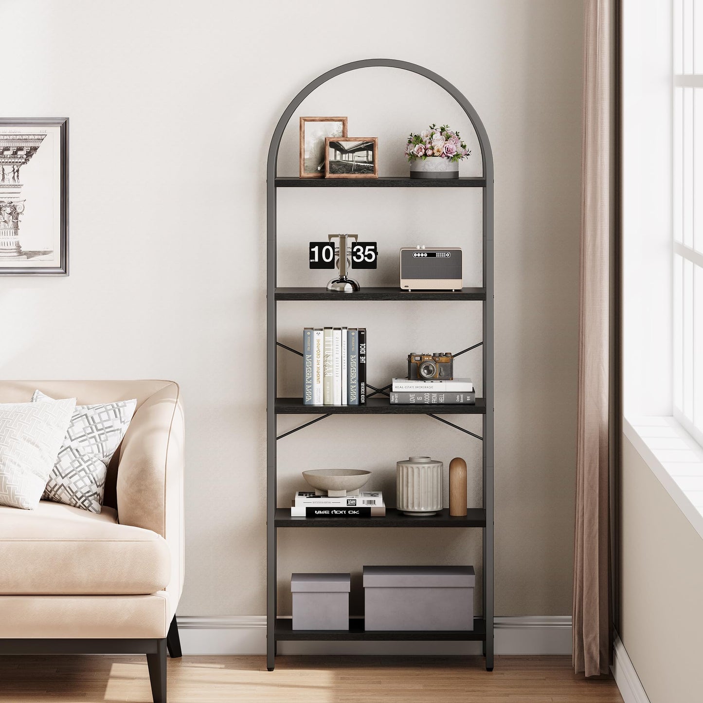 5-Tier IDEALHOUSE Arched Black Bookshelf with Metal Frame - Tall Open Storage Rack for Home or Office - WoodArtSupply