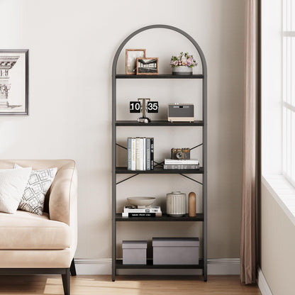 5-Tier IDEALHOUSE Arched Black Bookshelf with Metal Frame - Tall Open Storage Rack for Home or Office - WoodArtSupply