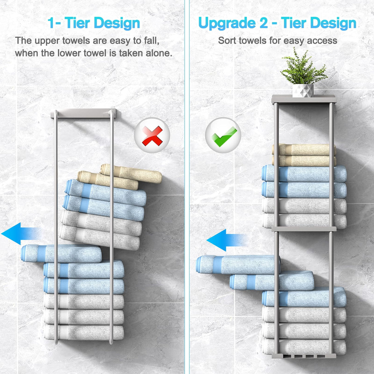 Liuoud Towel Rack Storage for Bathroom, Wall Mounted Vertical Rolled Towel Organizer Holder with Shelf, Holds Up 6 Large Bath Sheets, Silver Grey Liuoud