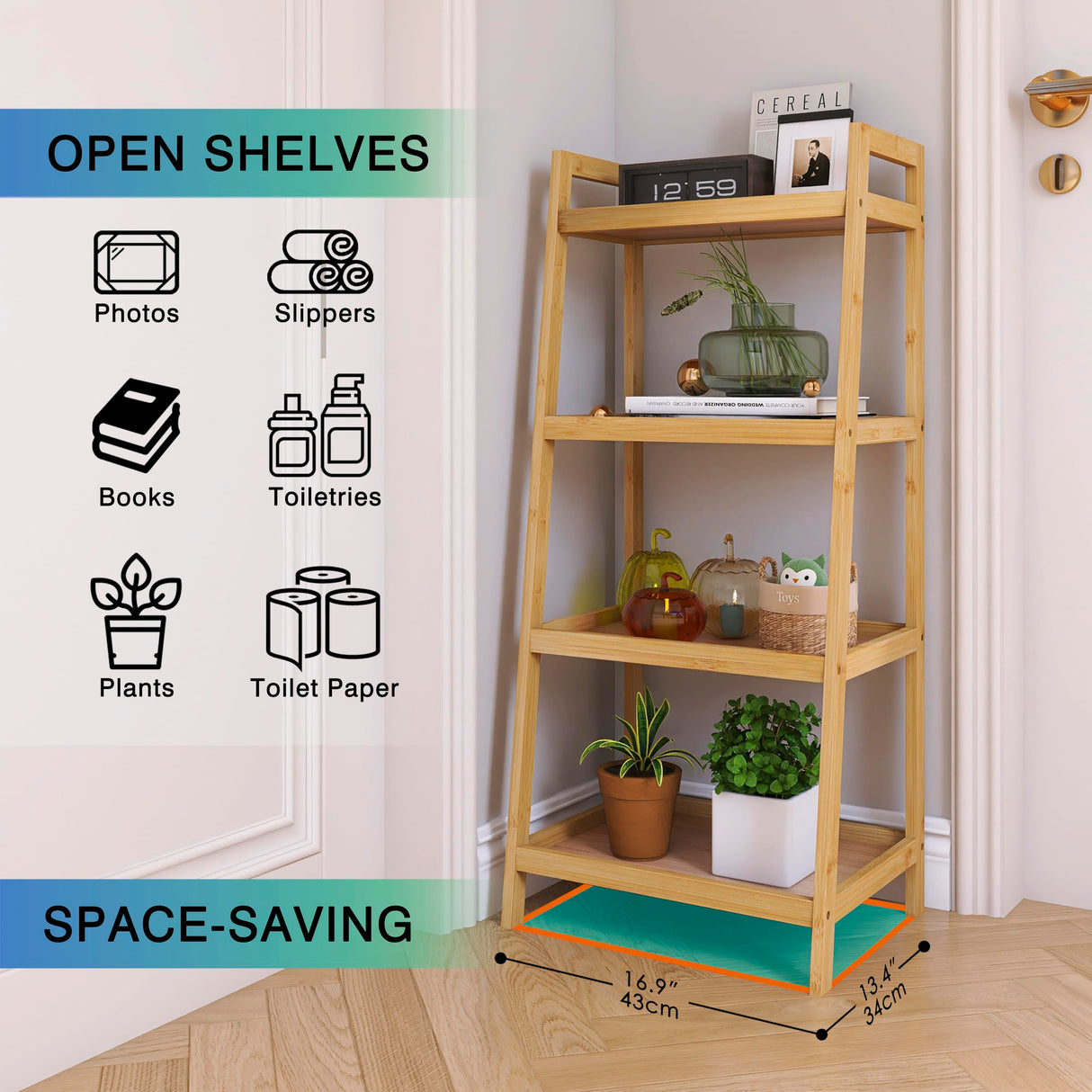 SMIBUY Bamboo Ladder Bookcase, Bathroom Storage Rack Organizer, 4 Tier and 5 Tier Freestanding Plant Display Stand Space Saver Shelves for Bedroom, Kitchen, Balcony (Natural, 4 Tiers (39" H)) SMIBUY