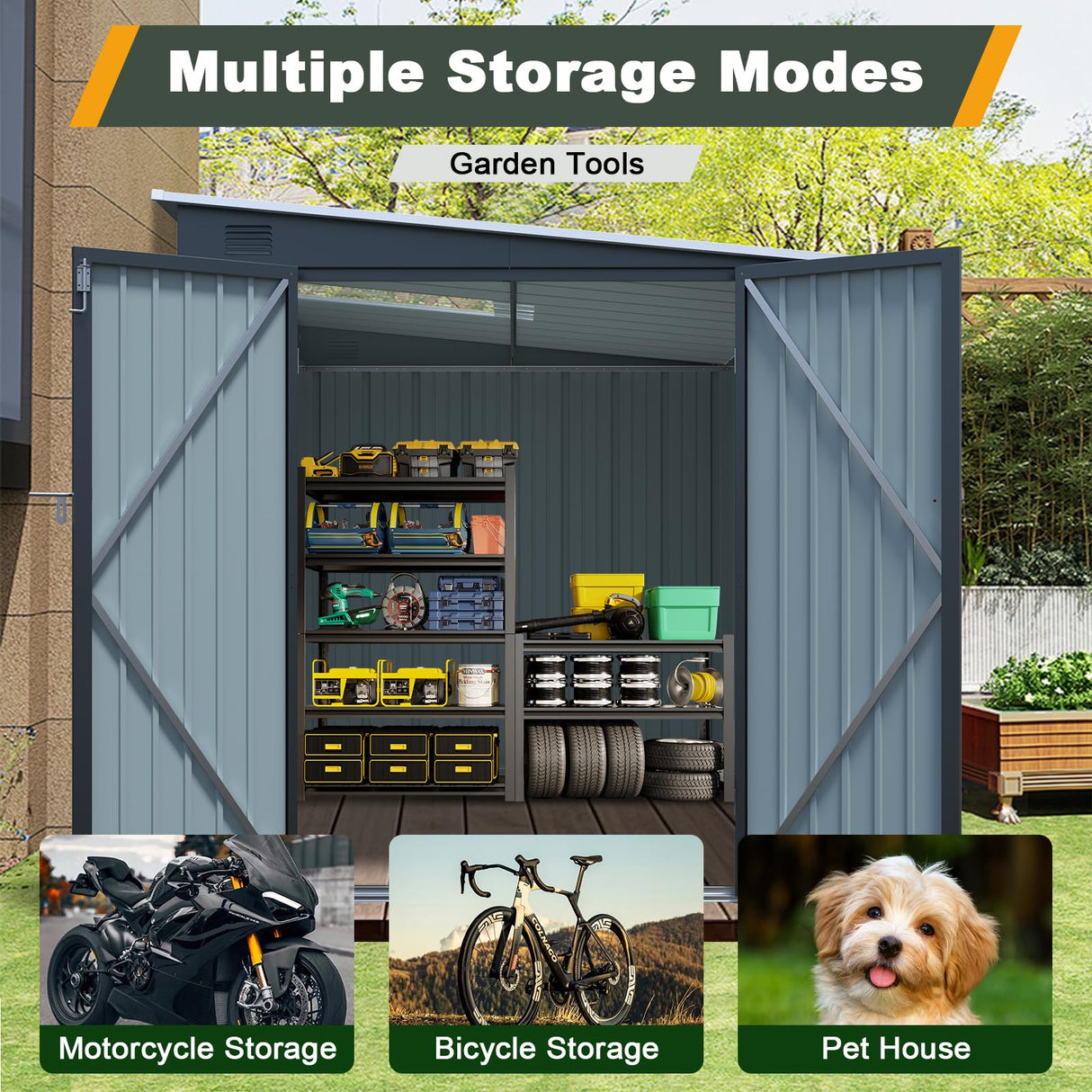 Jaxenor 6x8FT Outdoor Storage Shed with Lockable Double Doors, Metal Lean to Garden Shed with Free PC Light Board for Tools, Small Outside Storage Shed Waterproof for Backyard, Patio, Gift for Dad Jaxenor