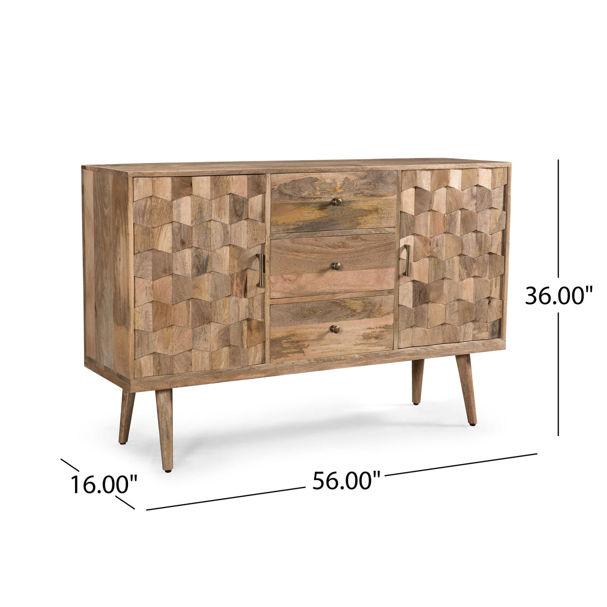 Great Deal Furniture Zona Mid-Century Modern Mango Wood 3 Drawer Sideboard with 2 Doors, Natural Great Deal Furniture