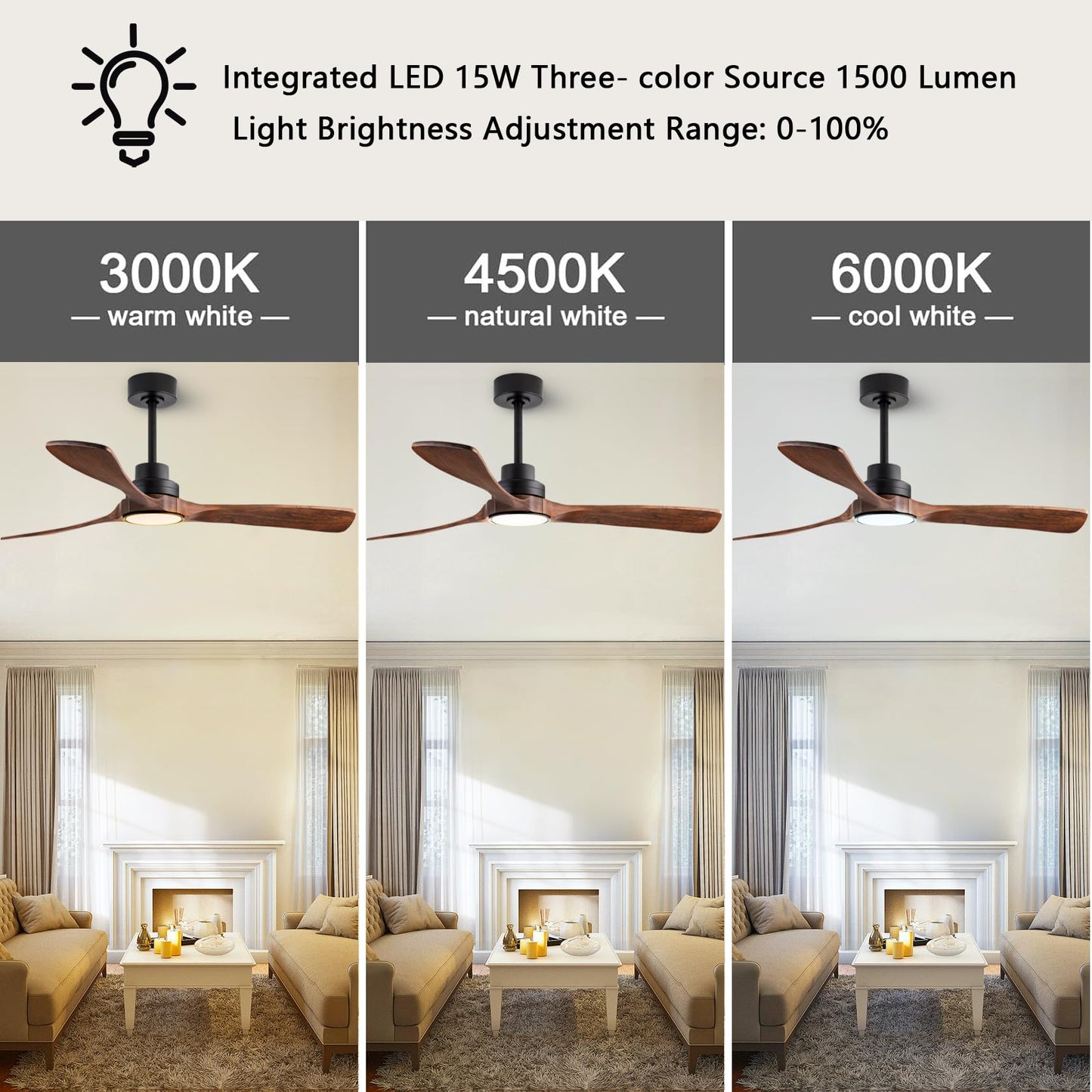 dearnow 42" Ceiling Fan Light with Lights with Remote Control, Indoor Outdoor Wooden Ceiling Fan with 3 Wooden Blades for Patio, Living Room, Office, Farmhouse and More. (Black + Mahogany Color)