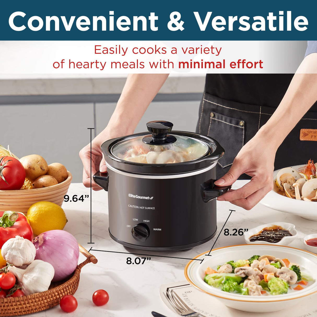 Elite Gourmet MST239X Electric Round Slow Cooker, Adjustable Temp, Entrees, Sauces, Stews & Dips, Dishwasher Safe Glass Lid & Crock, 2 Quart, Black Elite Gourmet