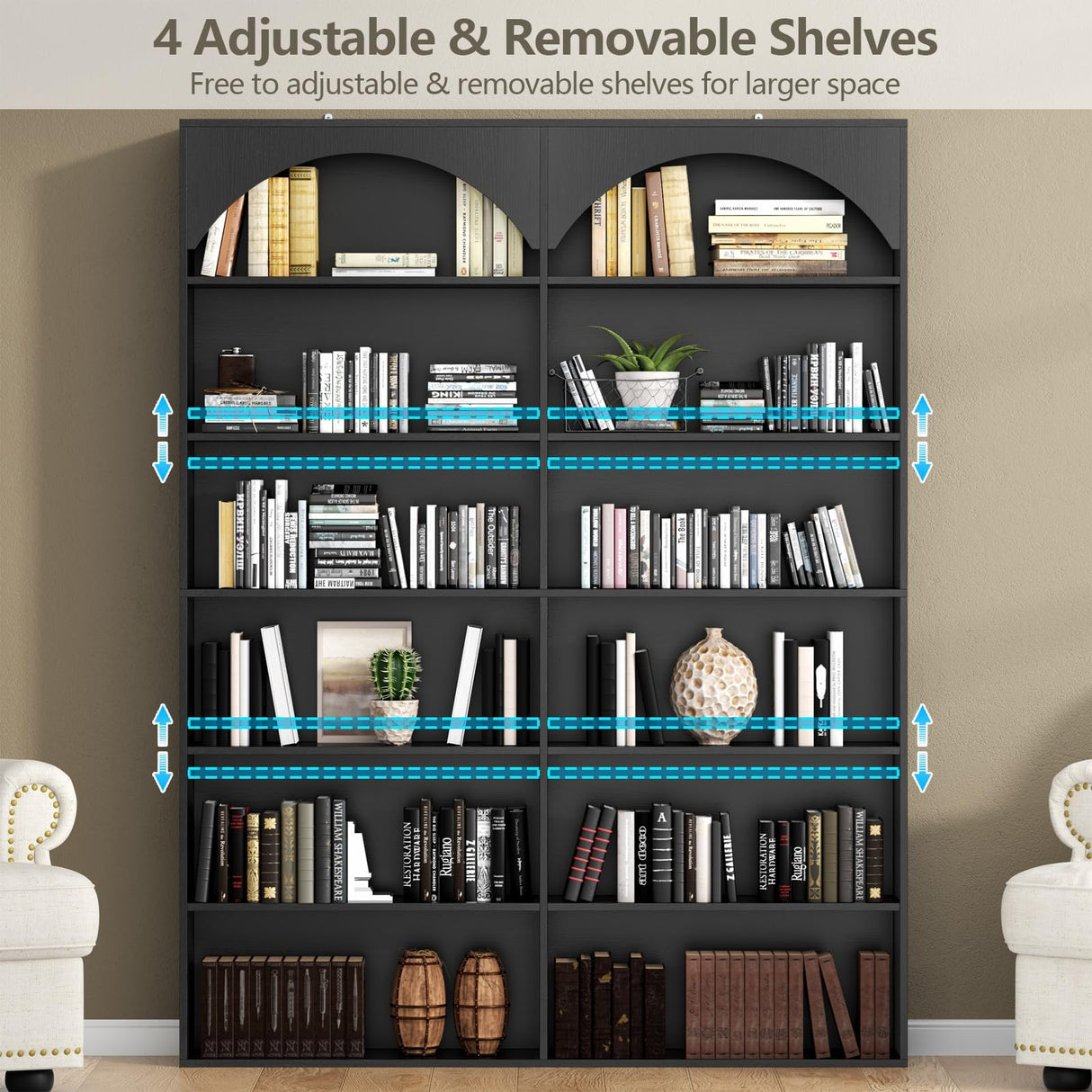 Gyfimoie 70.8’’ Tall Bookshelf and Bookcase, 7-Tier Double Wide Bookcase Modern Large Open Display Shelves with Curved Baffle for Home Office Living Room (Black) Gyfimoie