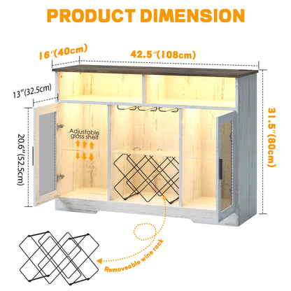 LVSOMT Bar Cabinet with Wine Rack and Glass Holder, LED Sensor Lights Farmhouse Coffee Bar Cabinet for Liquor and Glasses, Sideboard Buffet Cabinet with 2 Shelves 4 Adjustable storage Mesh Do - WoodArtSupply