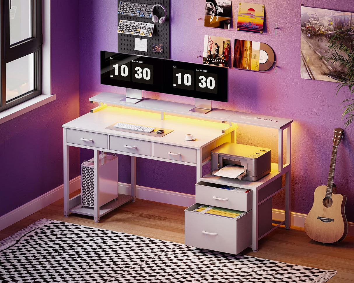 AODK 55 Inch Computer Desk with 3 Drawers and File Cabinet for Storage, Office Desk with Monitor Stand and LED Lights, Home Office Desks, White AODK