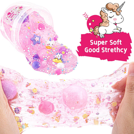 10 FL OZ Unicorn Slime Kit, Pink Clear Slime Bucket, Slimes Party Favors for Kids, Glimmer Crunchy Slimes Includes 9 Packs of Add-ins, Sensory Experience DIY Toys for Girls and Boys Ages 8-12 Okaybee