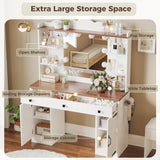 IRONCK Vanity Desk with Mirror and Lights, Farmhouse Makeup Vanity with Charging Station & Vanity Stool, Vanity Table with 3 Large Drawers and 2 Cabinets for Women Girls Bedroom, White IRONCK