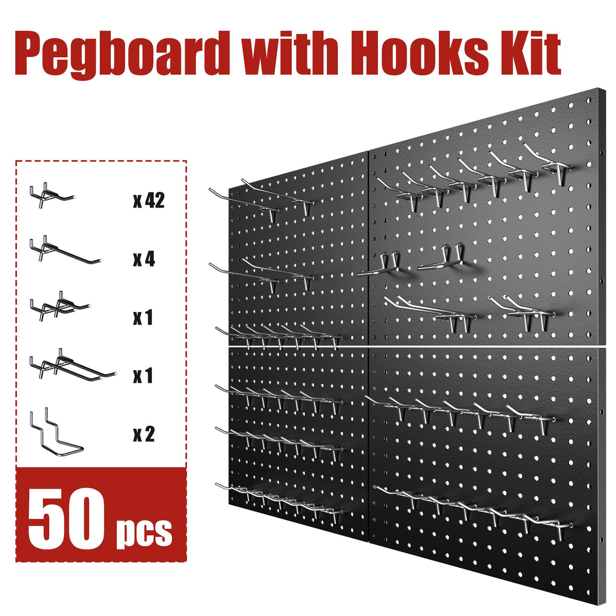 7S garage 4 Pack Metal Pegboard Panels with 50 Hooks, Black Pegboard Wall Organizer, Pegboard Accessories, Heavy Duty Garage Tool Storage System for Workbench, Workshop, Office, Craft Room 7S garage