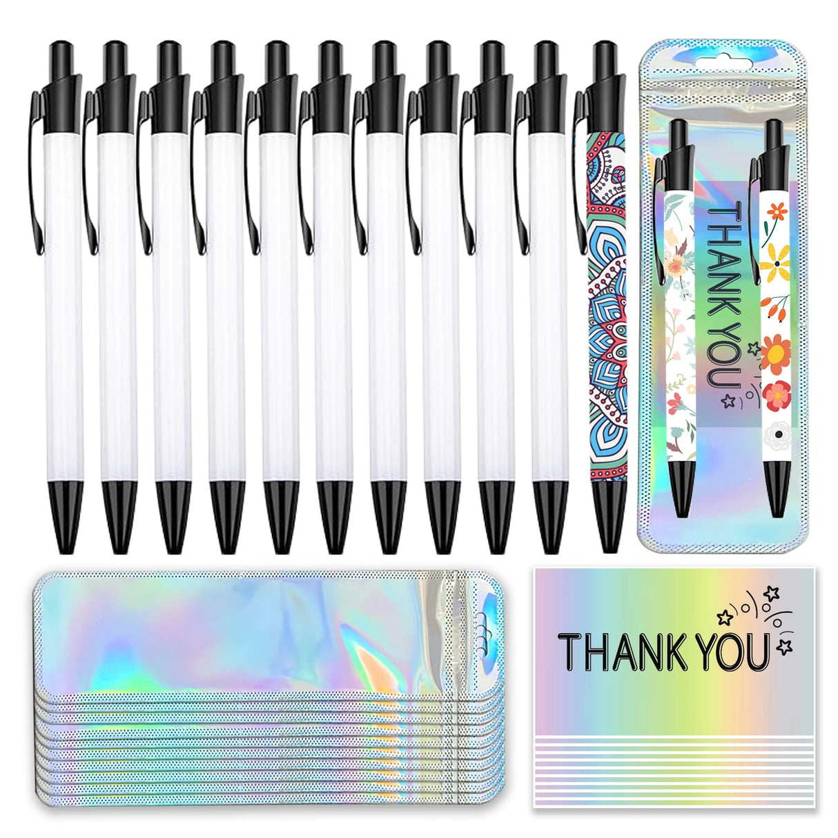 30 Sublimation Pens Set - 10 Blank Heat Transfer Pens,10 Resealable Pen Packaging Bags w/ 10 Foil Thank You Cards,Personalized Pen Diy for Christmas New Year Gift Office School Stationery Supplies Idealmuzik
