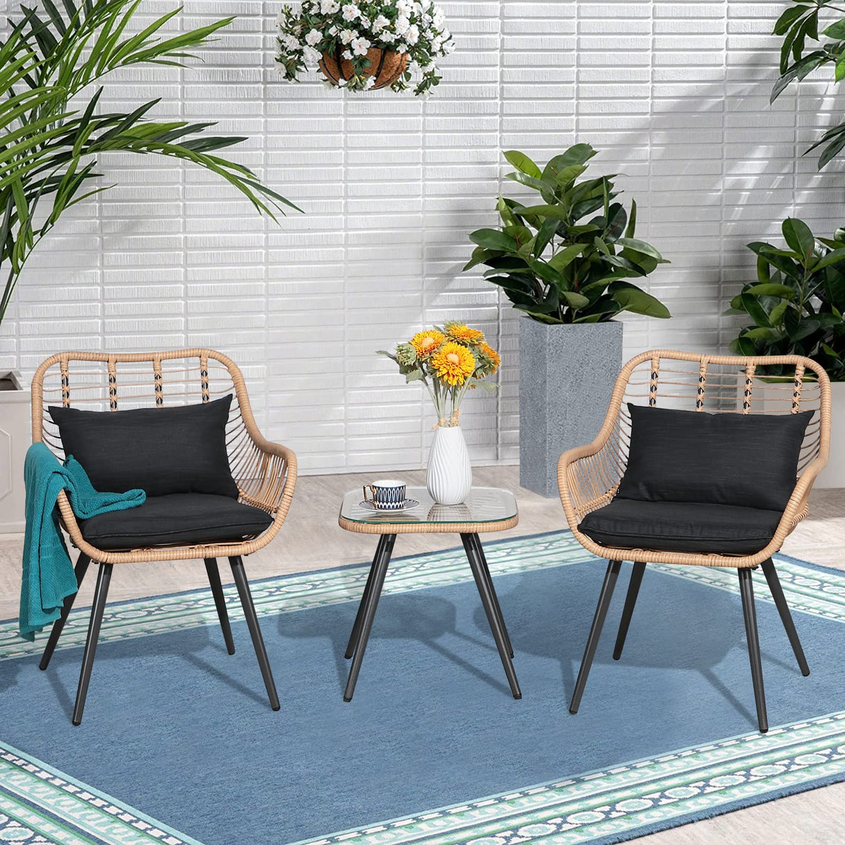 Verano Garden 3 Piece Patio Bistro Set, Outdoor Wicker Conversation Chair Sets Balcony Furniture,Coffee Table with Glass Top, Cushions & Lumbar Pillows for Porch, Backyard, Deck, Poolside Verano Garden