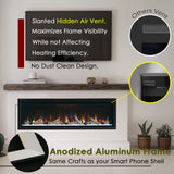 Unineo 72 Inch Electric Fireplace w/Aluminum Frame, Hidden Air Vents Design, Recessed and Wall Mounted Fireplace Heater w/Thermostat, 12×13×5 Realistic Flame, Visual Remote, Log and Crystal, Black Unineo