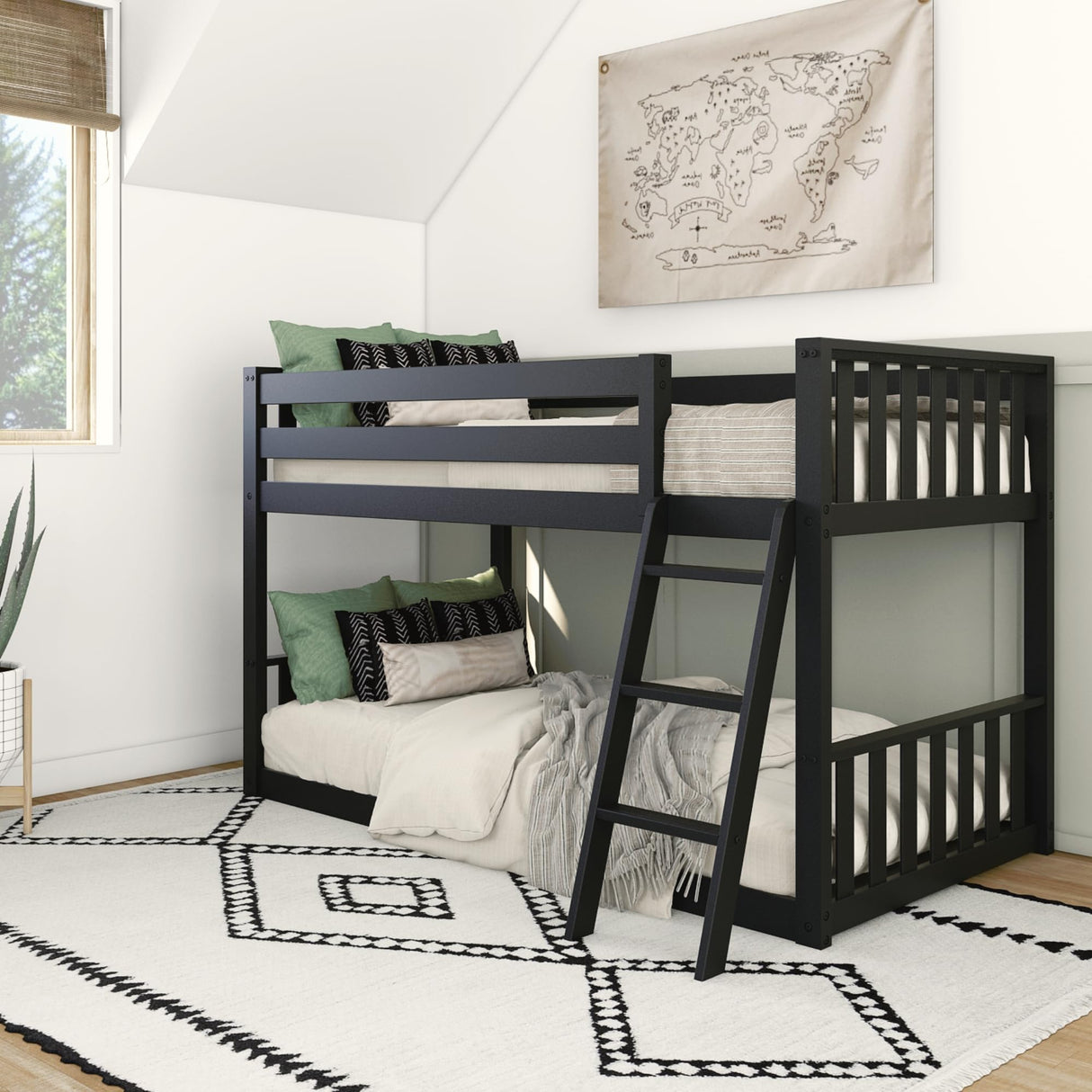 Max & Lily Low Bunk Bed, Scandinavian Modern Bunk Bed, Solid Wood Twin-Over-Twin Bed Frame for Kids, No Box Spring Needed, Black Max & Lily