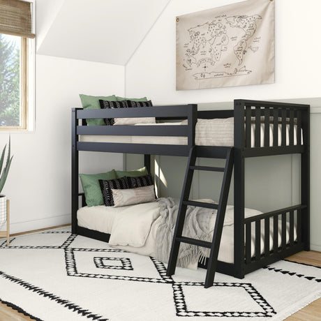 Max & Lily Low Bunk Bed, Scandinavian Modern Bunk Bed, Solid Wood Twin-Over-Twin Bed Frame for Kids, No Box Spring Needed, Black Max & Lily