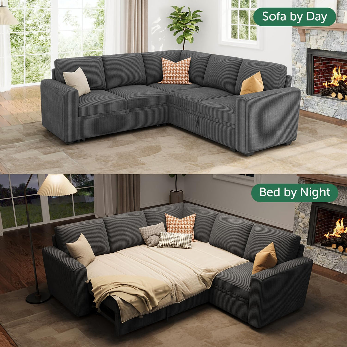 HONBAY Modular Sectional Sleeper Sofa with Pull Out Bed, Corduroy L Shaped Couch with Storage Seats, Convertible Sectional Couches for Living Room, Dark Grey HONBAY