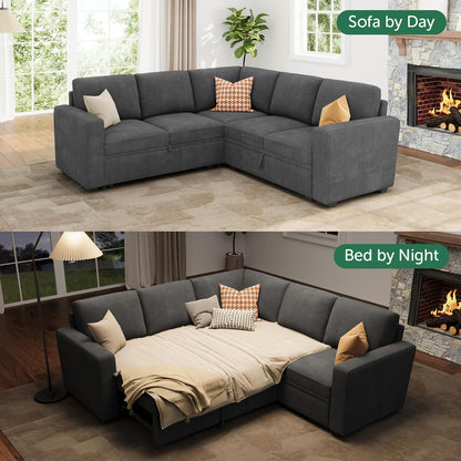 HONBAY Modular Sectional Sleeper Sofa with Pull Out Bed, Corduroy L Shaped Couch with Storage Seats, Convertible Sectional Couches for Living Room, Dark Grey