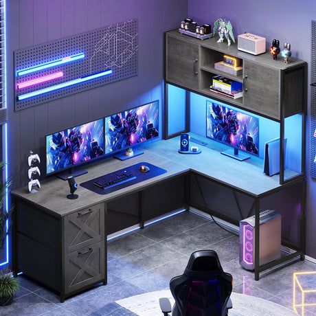 SEDETA L Shaped Gaming Desk, Reversible Computer Desk with Fabric Drawers and Power Outlet, Gaming Desk with Led Lights, Hutch and Storage Shelf for Home Office, Grey SEDETA