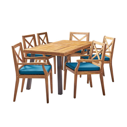 Christopher Knight Home Justin Outdoor 7 Piece Acacia Wood Dining Set, Teak Finish/Rustic Metal/Blue - WoodArtSupply