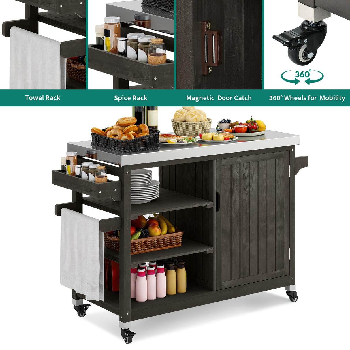 YITAHOME Solid Wood Patio Bar Table XL Outdoor Storage Cabinet Bar Table with Spice Rack and Lockable Wheels, Portable Outdoor Kitchen Island for Patio, Garden, Porch, Balcony, Brown YITAHOME