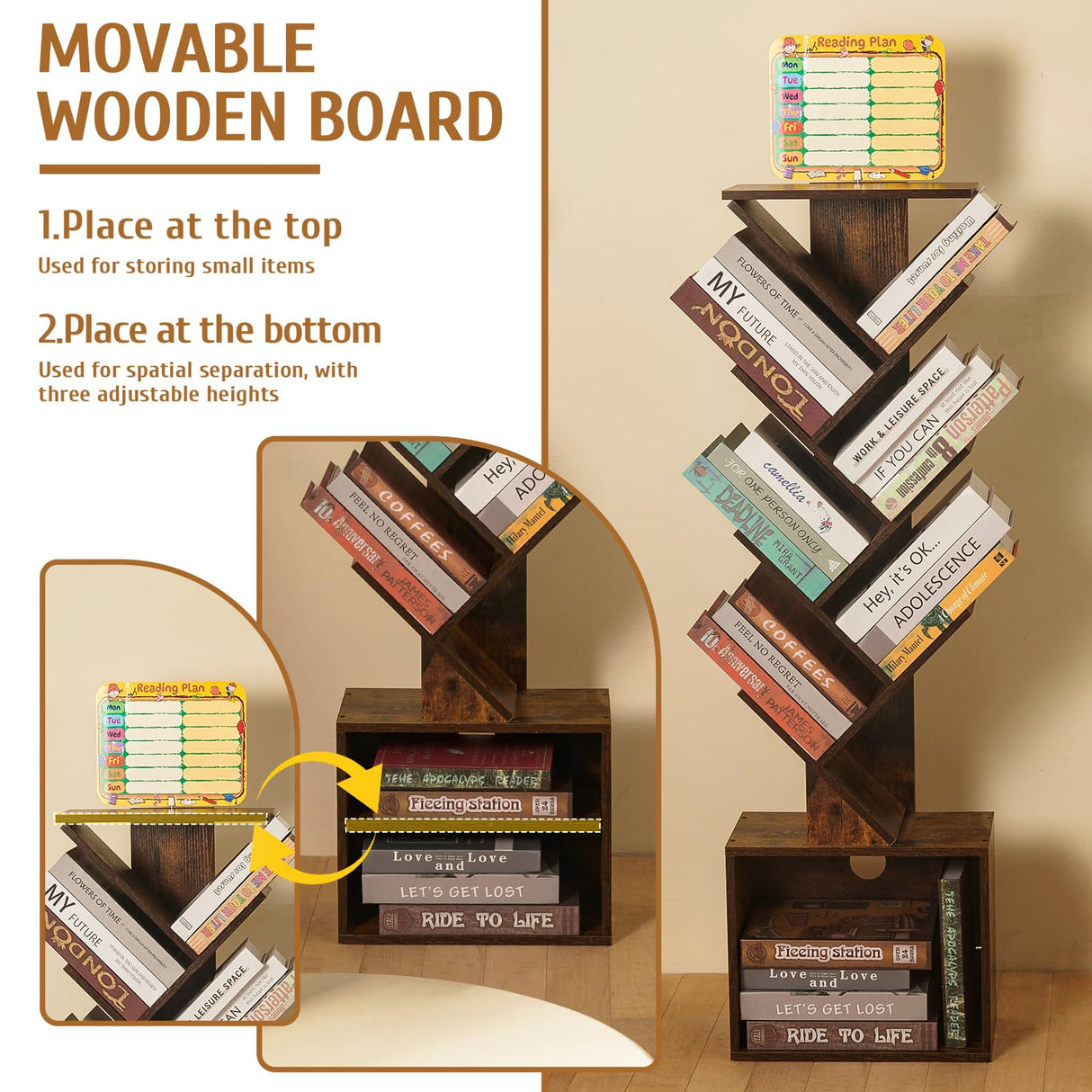 7 Tier Tree Book shelf, Small Bookcase with Reading Planner and Activity Panel, Modern Floor Standing Corner Tall Narrow Storage Cabinet Bookshelves for Home Office Bedroom Living Room (Rustic Brown) FredCache