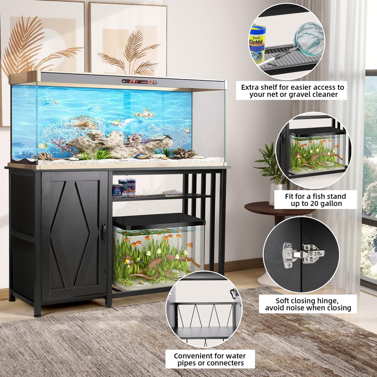 VOWNER 55-75 Gallon Fish Tank Stand, Aquarium Stand with Power Outlets, Cabinet for Fish Tank Accessories Storage, Heavy Duty Metal Frame, Suitable for Fish Tank, Turtle Tank, 1200LBS Capacity, Black VOWNER