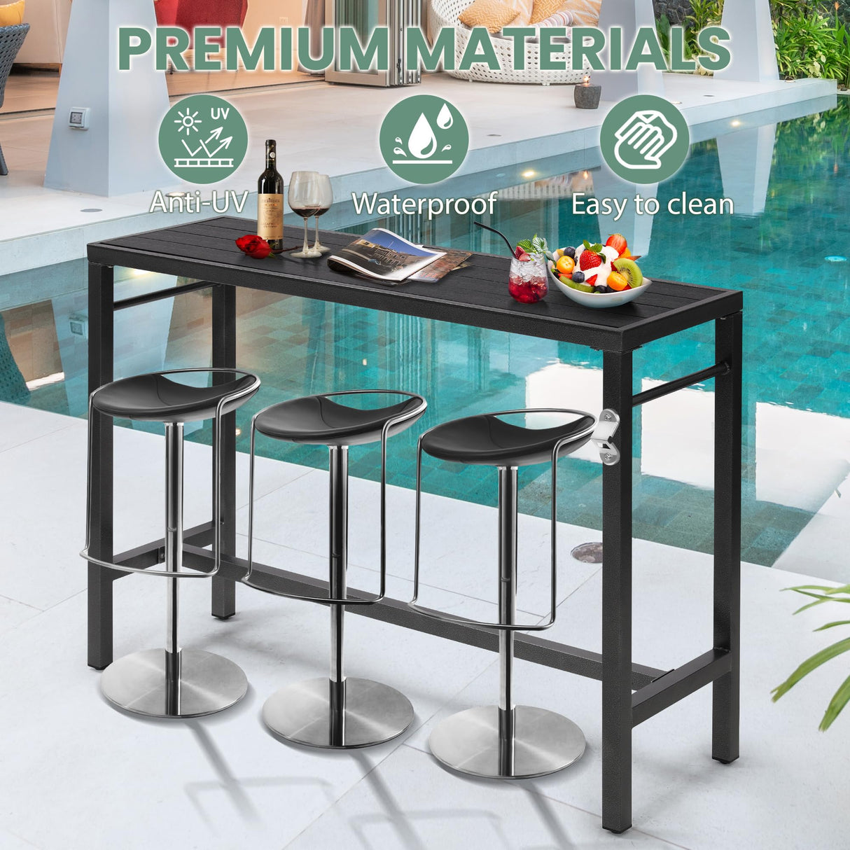 Murago 53x39x17 Patio Extra Wide Long Counter Height Bar Table with Weather Resistant, Outdoor Pub Bar Console, Waterproof, with Composite Top, Bottle Opener, Rustproof, Black Murago