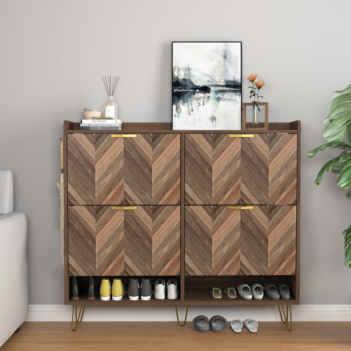 Vibe & Dine 4 Flip Drawer Shoe Cabinet, Mid Century Modern Shoe Organizer with Bottom Cubby, Hidden Shoe Cabinet with 2 Hooks, Freestanding Narrow Slim Shoe Rack Cabinet for Entryway, Foyer, Hallway Vibe & Dine