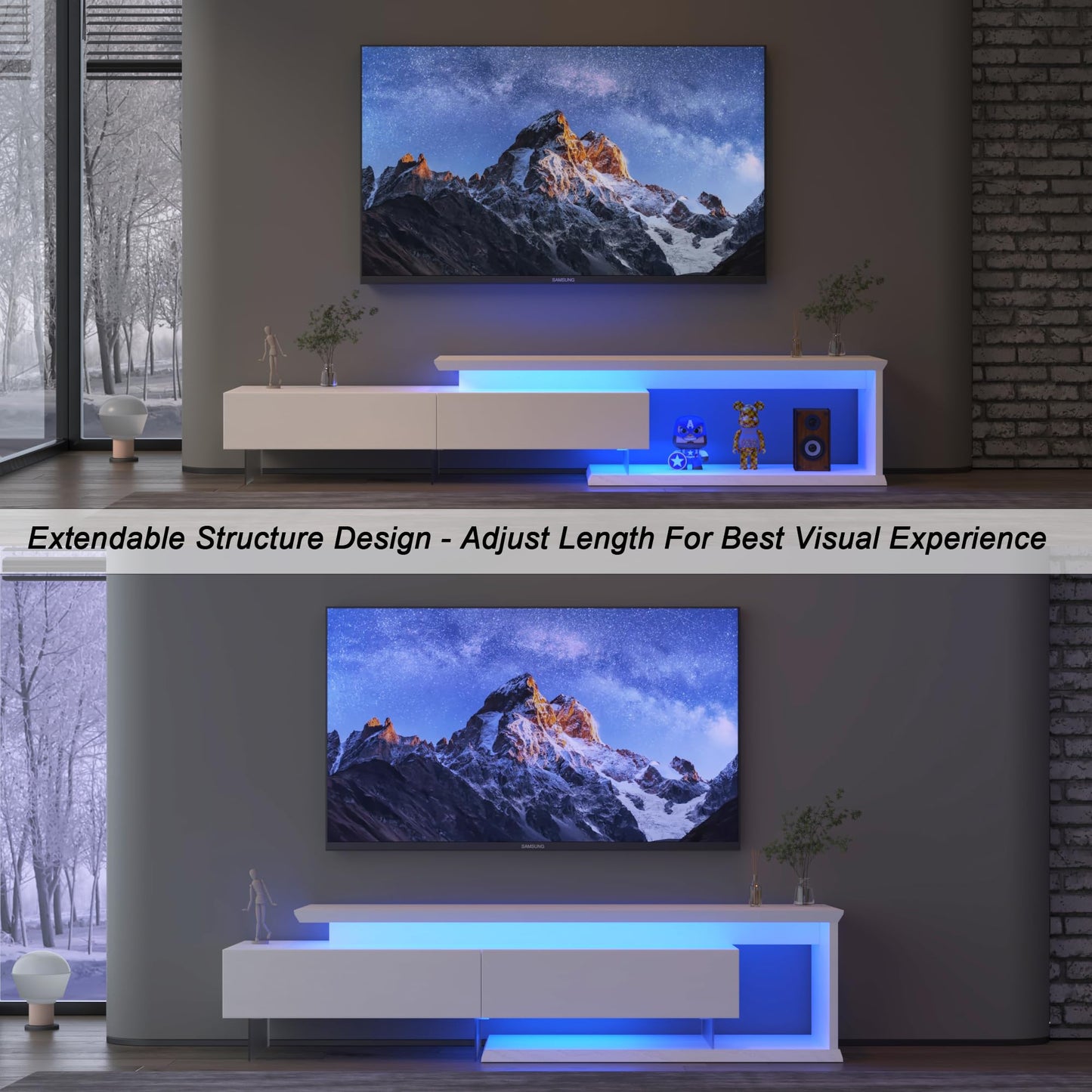 YESER TV Stands for Living Room, Extendable Entertainment Center TV Console with Storage, LED TV Stand for 55/65/75/85/95 Inch TV, Gaming Media Console Table for Living Room Bedroom, White