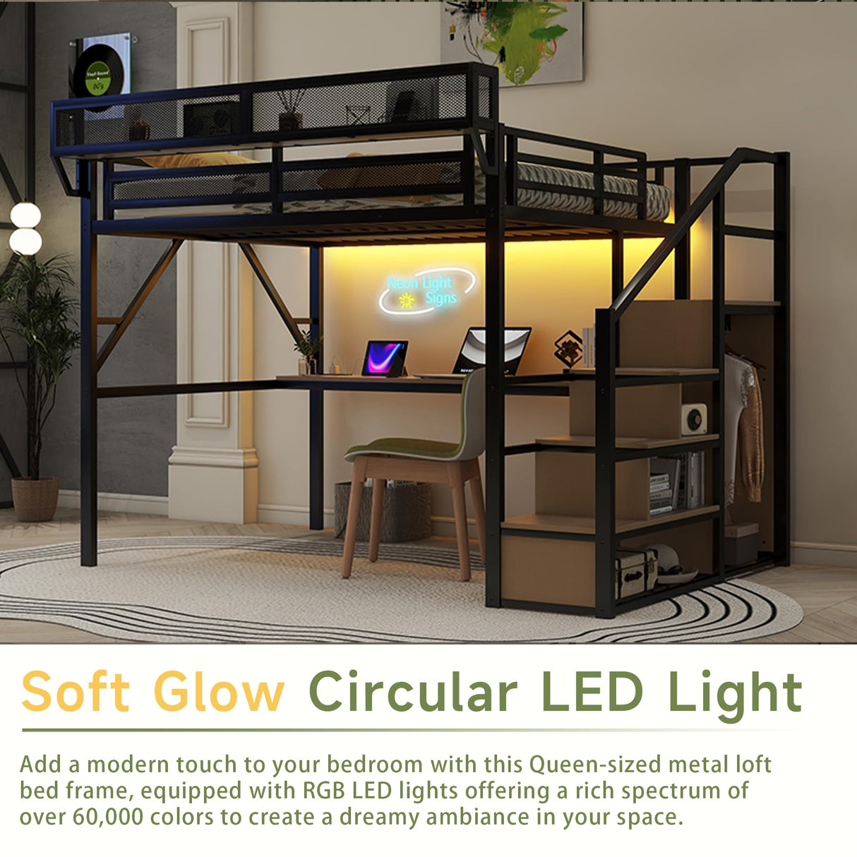 Queen Size Loft Bed with Stairs and Desk, Heavy Duty High Loft Bed Queen with Storage, Upper Shelf and Wardrobe for Kids Teens, Adults Teens No Box Spring Needed, No Noise, Black Duxelifin