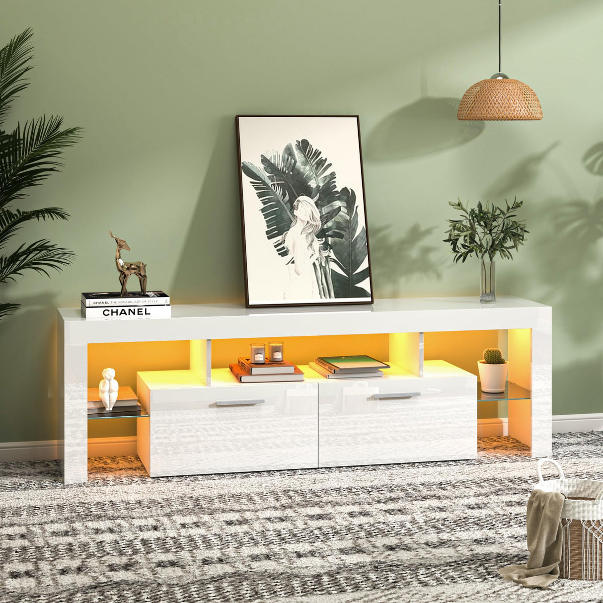 Clikuutory Modern LED 63 inch Long TV Stand with Large Storage Drawer for 50 55 60 65 70 75 Inch TVs, White Wood TV Console with High Glossy Entertainment Center for Living Room, Bedroom, White Clikuutory