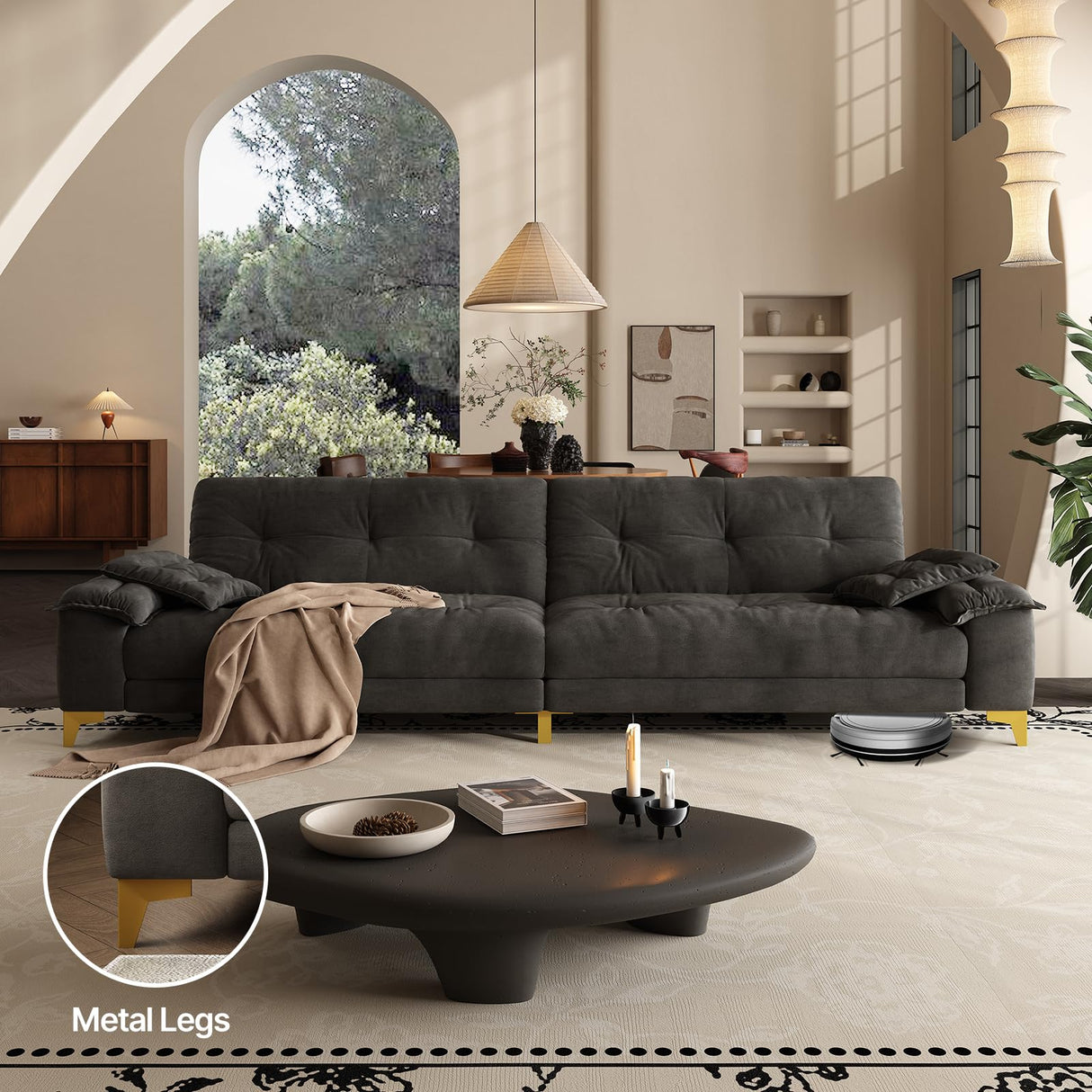 104.7" sectional Couch, mid-Century Modern 4-Seater Comfy Cloud Couch for Living Room Office, Button Tufted upholstered Metal Legs Sofa Sturdy loveseat (Dark Gery, 104.7Inch) Generic