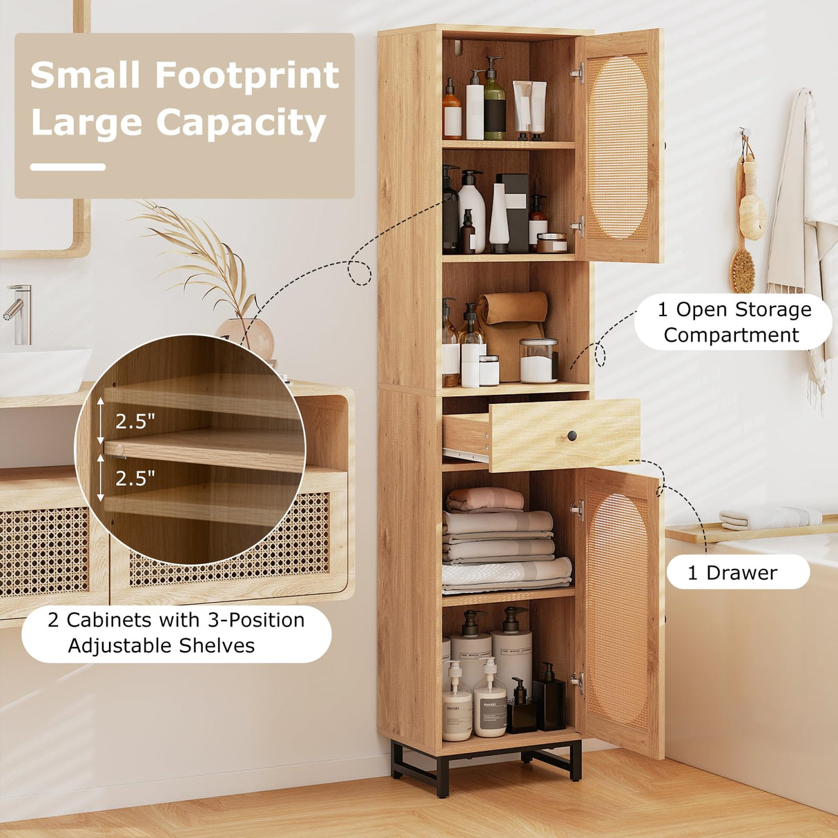 Tangkula 67" Tall Bathroom Storage Cabinet, Narrow Rattan Linen Tower with Doors, Adjustable Shelves & Drawer, Freestanding Floor Cabinet for Living Room, Kitchen, Dining Room, Office, Natural Tangkula