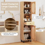 Tangkula 67" Tall Bathroom Storage Cabinet, Narrow Rattan Linen Tower with Doors, Adjustable Shelves & Drawer, Freestanding Floor Cabinet for Living Room, Kitchen, Dining Room, Office, Natural Tangkula