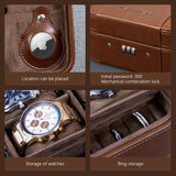 KAMIER Watch Case with Combination Lock - 4 Watch Storage and Jewelry Organizer - Watch Travel Case for Ring and Watch Storage, PU Leather Travel Watch Case, Ideal for Gift (With Gift Box), Brown KAMIER