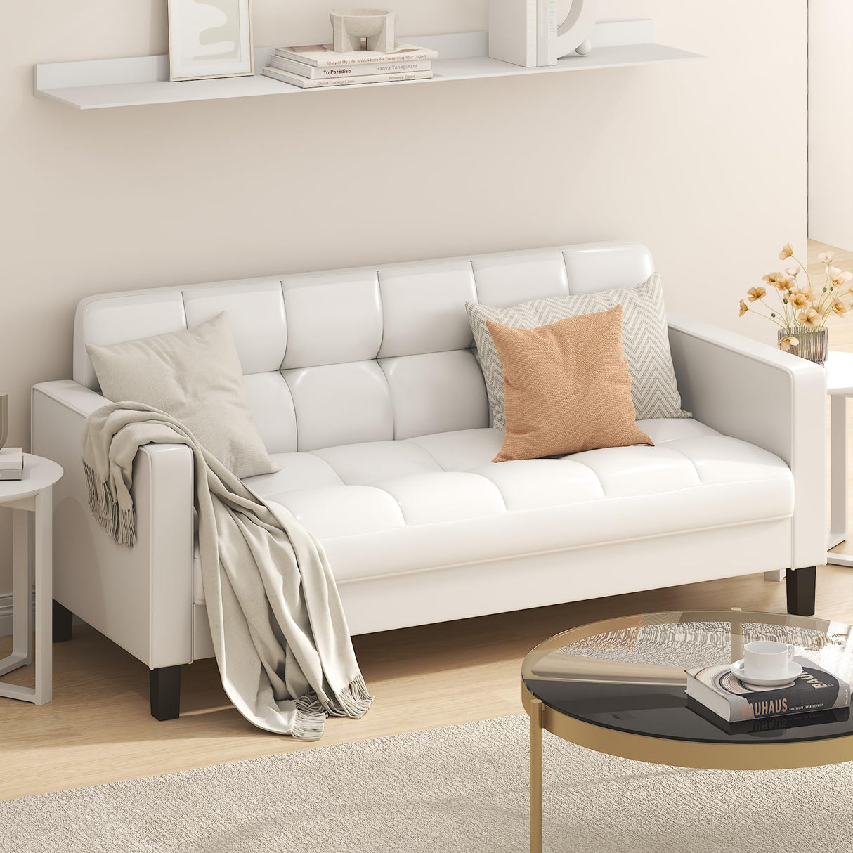 Furinno BRIVE Loveseat Sofa, Tufted Leather Upholstered 3-Seater 75" Wide Couch, Wood Frame, Easy Assembly, for Living Room, Bedroom, Plain White Leather Furinno