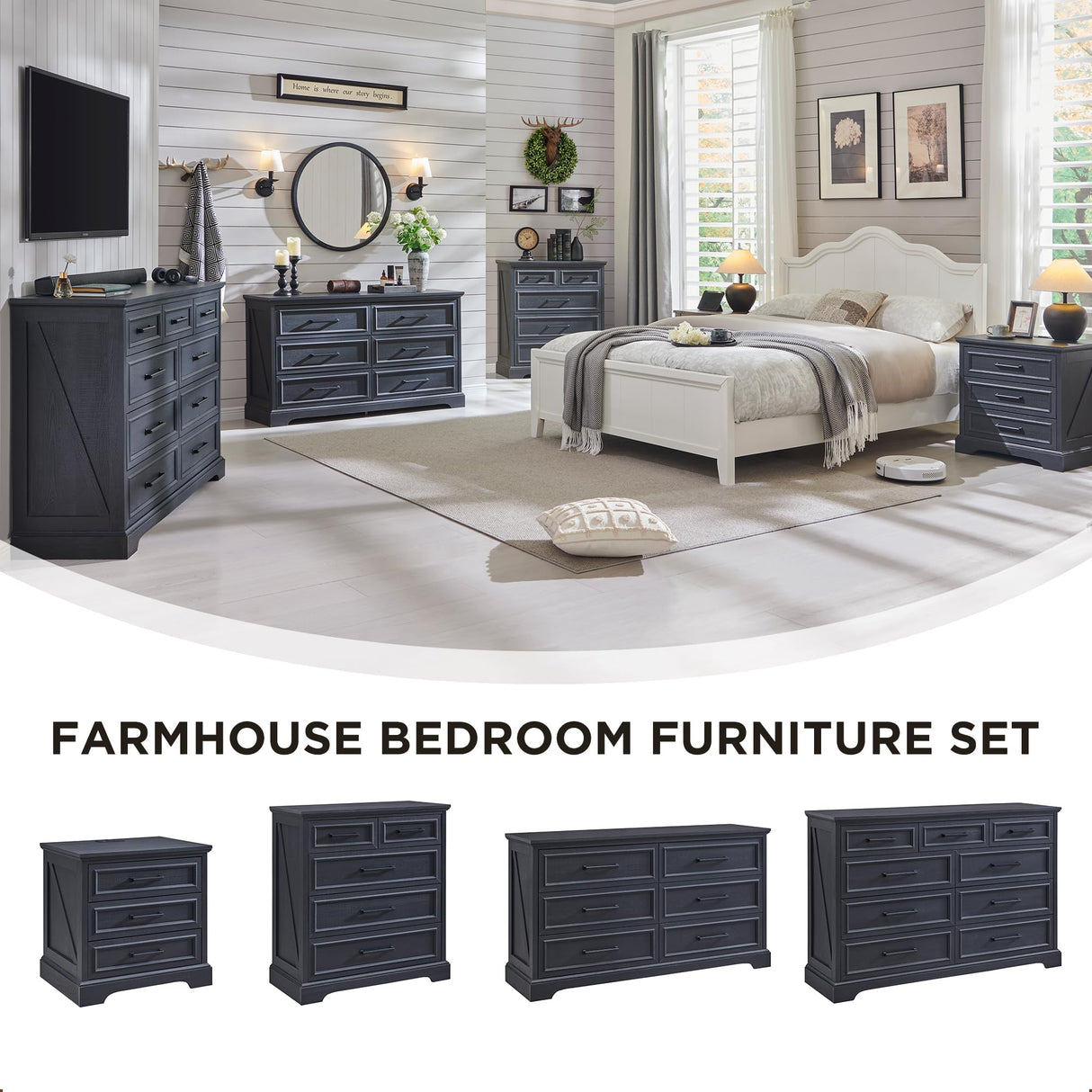 ACCOHOHO Farmhouse 6 Drawer Dresser for Bedroom, 52 Inch Wide Modern Dresser TV Stand with Large Drawers & Bar Handles, Rustic Wood Chest of Drawers for Bedroom, Living Room, Hallway, Black ACCOHOHO