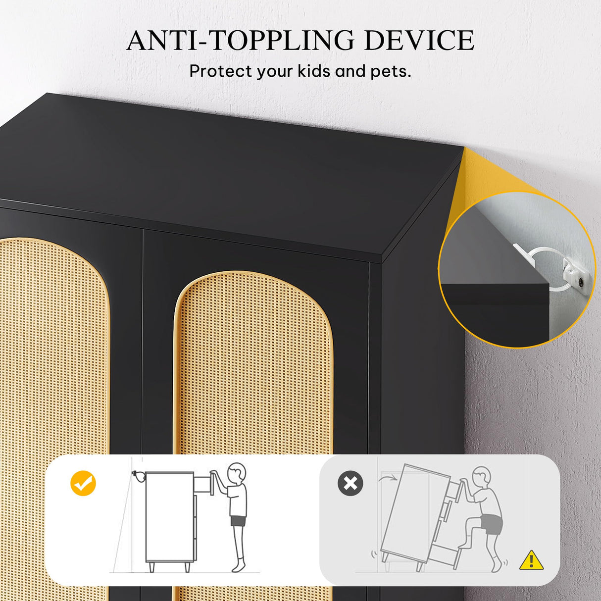 DWVO Rattan Armoire Wardrobe Closet - 70" Tall Rattan Armoire Closet with Doors, Large Storage Cabinet with Drawers & Hanging Rod/Bedroom Armoire - Black DWVO