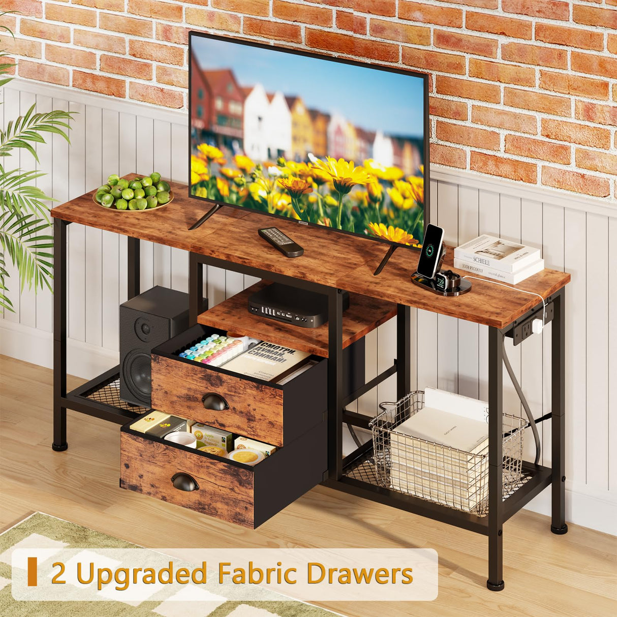 Furologee TV Stand with Power Outlets and 2 Fabric Drawers, 42 Inch Small Entertainment Center with Open Storage Shelves, Simple TV Console Table for Bedroom, Living Room, Rustic Brown Furologee