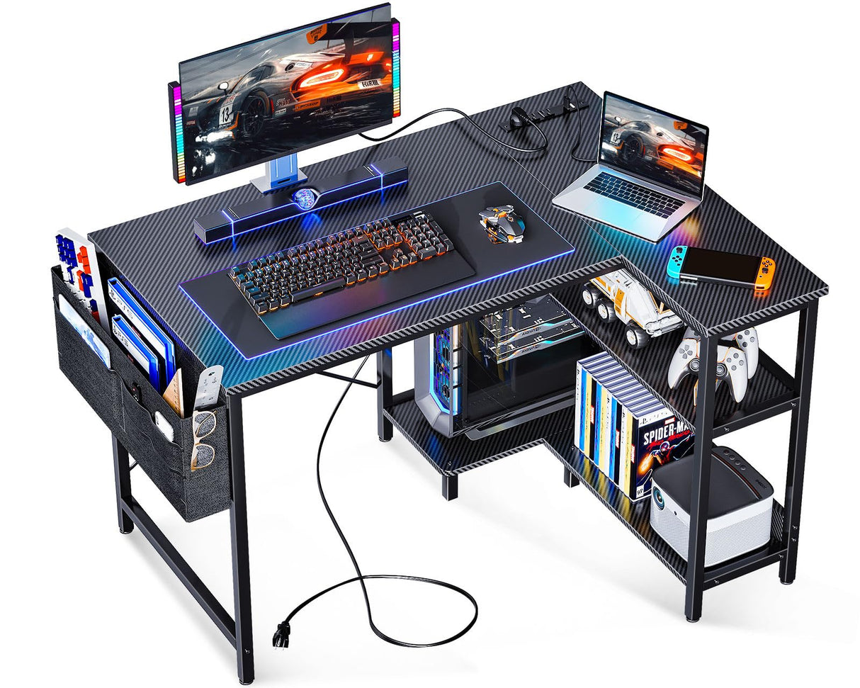 ODK 40 Inch Small L Shaped Gaming Computer Desk with Power Outlets, Corner Desk with Reversible Storage Shelves & PC Stand for Small Space, Modern Simple Home Office Table, Carbon Fiber Surface, Black ODK