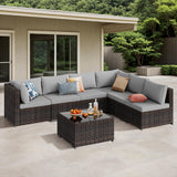 Qsun 7-Piece Outdoor Sectional Patio Furniture Set, PE Rattan Outdoor Furniture Patio Conversation Set with Cushions and Glass Coffee Table (Brown Rattan, Grey Cushion) Qsun