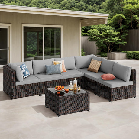 Qsun 7-Piece Outdoor Sectional Patio Furniture Set, PE Rattan Outdoor Furniture Patio Conversation Set with Cushions and Glass Coffee Table (Brown Rattan, Grey Cushion) Qsun